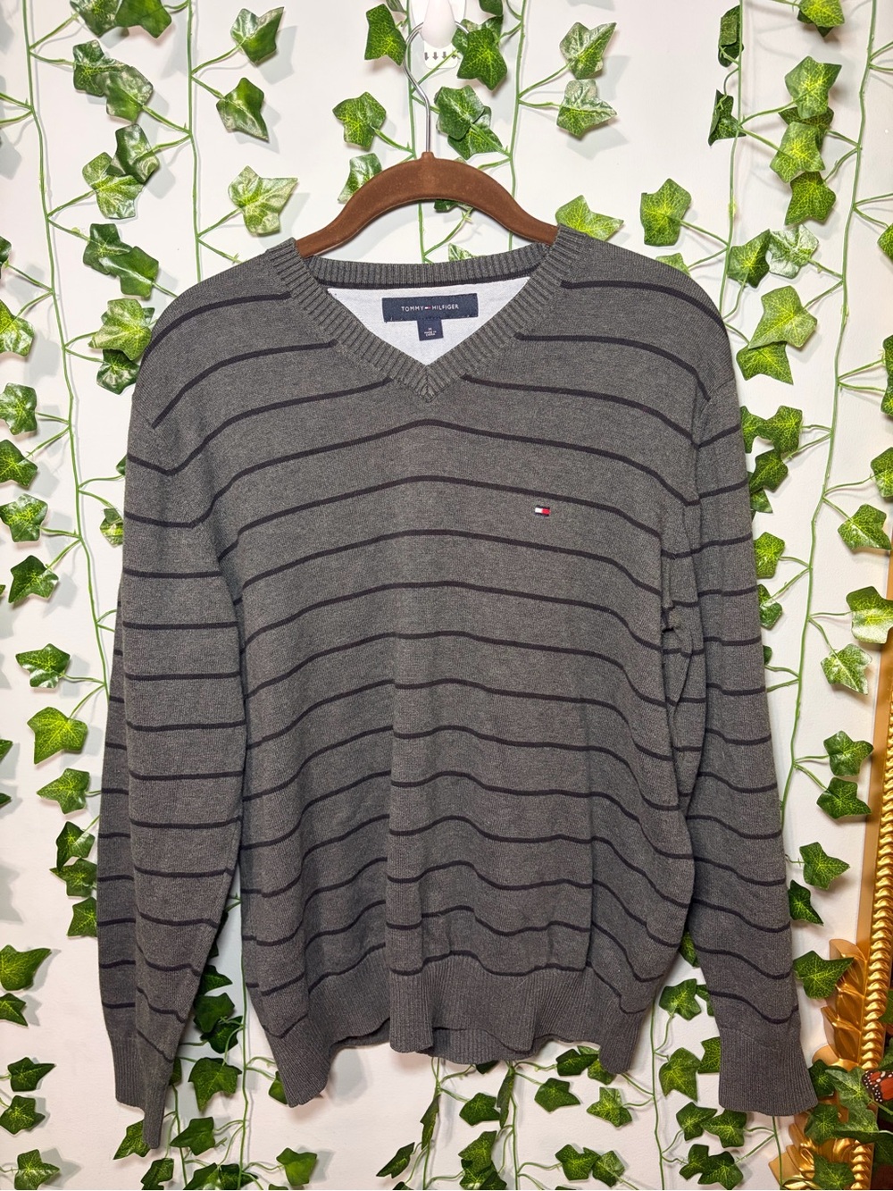 Tommy Hilfiger Gray V-Neck Sweater with Black Stripes